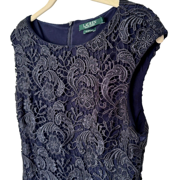 Lauren Ralph Lauren Evening Dress Lighthouse Navy Floral Lace Overlay Sz 8 - Picture 4 of 8